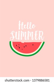 Hello summer hand drawn pink poster. Hand drawn watermelon on the pink background