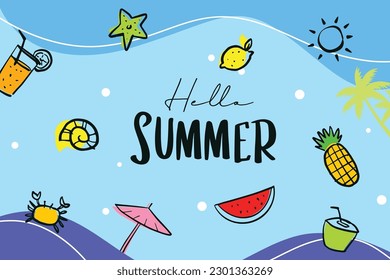 Hello summer hand drawn style with decoration on blue background.
