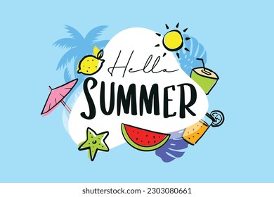 Hello summer hand drawn style with decoration on blue background.