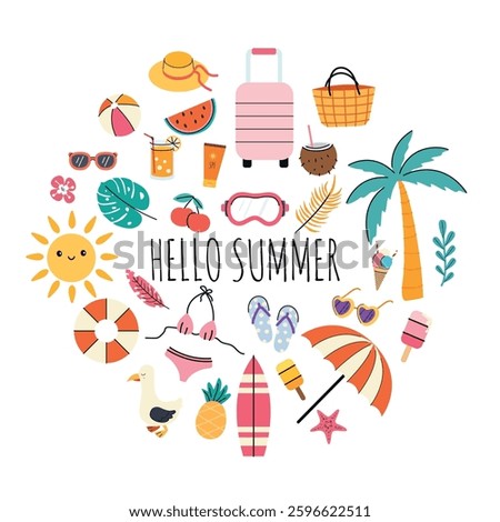 Hello Summer in hand drawn style. Cute summertime doodle banner design in round frame. Summer elements in flat style.
