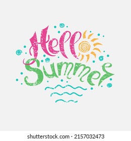 Hola texto de verano dibujado a mano con efecto desgastado