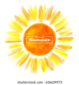 Hello summer. Hand drawn watercolor sun. White background. Vector illustration.