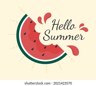 Hola verano - afiche con letras a mano con sandía dibujada a mano y rayos solares. Fondo vintage.
