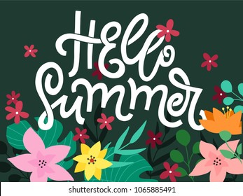 Hello Summer. Hand lettered tropical card print 