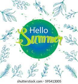 Hello summer hand lettering. Summer background.