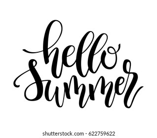 Hello Summer hand lettering design element made with digital brush and ink. Perfect for stickers, labels and tags.