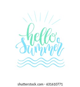 Hello Summer hand lettering design element made with digital brush and ink. Perfect for stickers, labels and tags.