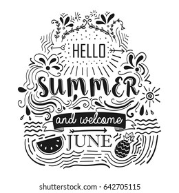 Hello summer hand lettering.  Hand drawn doodle design elements. Vintage quote.