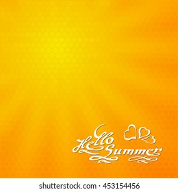 Hello summer hand lettering greeting Card.  Handmade calligraphy. Low poly triangle style  background. Vector illustration.