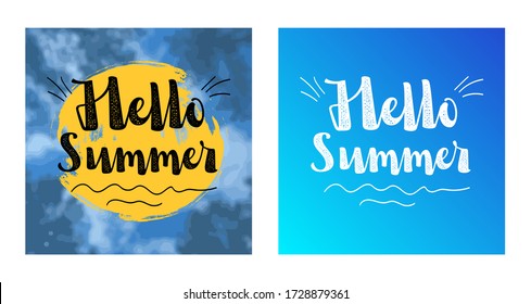 HELLO SUMMER carteles a mano plantilla de caligrafía hecha a mano y fondo de playa en verano