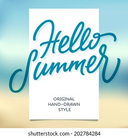 HELLO SUMMER hand lettering handmade calligraphy template and summertime beach background