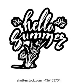 HELLO SUMMER hand lettering handmade calligraphy template and summertime beach background