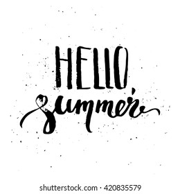 Hello summer hand lettering. Ink design element on grungy background.