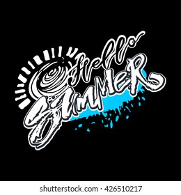 Hello summer hand lettering ink drawn motivation poster. Artistic modern brush calligraphy design for a logo, greeting cards, invitations, posters, banners, t-shorts, seasonal greetings illustrations.