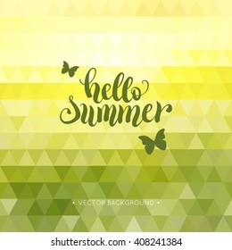 Hello summer hand lettering. Modern calligraphy quote on bright background. Typography poster or card design template. Vector illustration