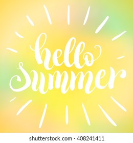 Hello summer hand lettering. Modern calligraphy quote on bright background. Typography poster or card design template. Vector illustration