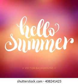 Hello summer hand lettering. Modern calligraphy quote on bright background. Typography poster or card design template. Vector illustration