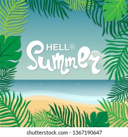 Hello summer. Hand lettering on the background of the sea shore.