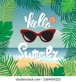 Hello summer. Hand lettering on the background of the sea shore