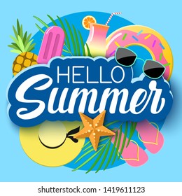 Hello summer hand lettering on paper cut background with palm leaves, pineapple, ice cream and beach clothes, tropical 3d design. Vector tropical summer typographical illustration.