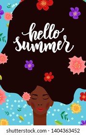 Hello summer hand lettering with portrait of a cute beautiful girl and flowers. Good for greeting cards, banners, poster, vector illustration.