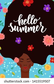 Hello summer hand lettering with portrait of a cute beautiful girl and flowers. Good for greeting cards, banners, poster, vector illustration.