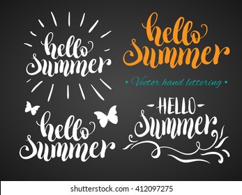 Hello summer hand lettering set. Vector illustration