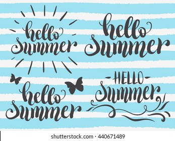 Hello summer hand lettering set. Vector illustration