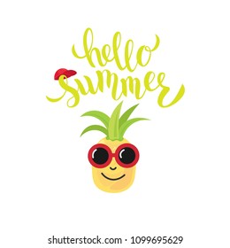 Hello summer hand lettering text with cute pineapple. Typography. Great for logo, badge, greeting, card, stick cake topper, party, baby birthday, banner, invitation template. Vector illustration.

