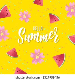Hello summer hand lettering text with watermelon and flowers as logotype, label, badge, icon, postcard, card, invitation, banner template. Special spring sale typography poster. Vector illustration.