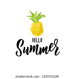 Hello summer hand lettering text with pineapple  as logotype, badge and icon, postcard, card, invitation, banner template. Special spring sale typography poster. Vector illustration.