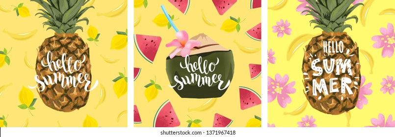 Hello Summer hand lettering text with pineapple and fruits as logo, flyer, label, icon, postcard, card, invitation, banner template. Special summer sale set typography poster. Vector.