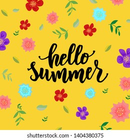 Hello summer hand lettering text with flowers as logotype, label, badge, icon, postcard, card, invitation, banner template. Special summer sale typography poster. Vector illustration.