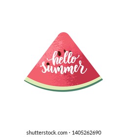 Hello summer hand lettering text with watermelon as logotype, label, badge, icon, postcard, card, invitation, banner template. Special summer sale typography poster. Vector illustration.