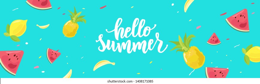 Hello summer hand lettering text with watermelon, pineapple, lemons and banana as postcard, card, invitation, banner template. Special summer sale typography poster. Vector illustration.