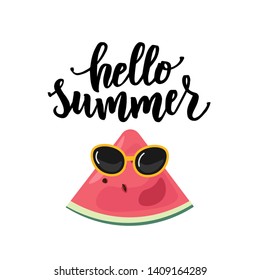 Hello summer hand lettering text with watermelon as logotype, label, badge, icon, postcard, card, invitation, banner template. Special summer sale typography poster. Vector illustration.