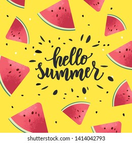 Hello summer hand lettering text with watermelon as logotype, label, badge, icon, postcard, card, invitation, banner template. Special summer sale typography poster. Vector illustration.