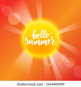 Hello summer hand lettering text with bright sun as logotype, label, badge, icon, postcard, card, invitation, banner template. Special summer sale typography poster. Vector illustration.