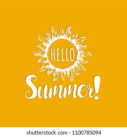 Hello Summer, hand lettering. Vector illustration sun on a yellow background