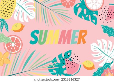 Hello Summer hand logotype, badge typography icon. Lettering summer season with leaf for greeting card, invitation template. Modern lettering banner poster template background, sale, offer