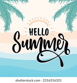 Hello Summer hand logotype, badge typography icon. Lettering summer season with leaf for greeting card, invitation template. Modern lettering banner poster template background, sale, offer
