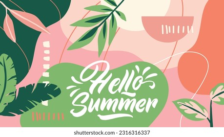 Hola Logotipo de mano de verano, icono de tipografía de placa. Leer la temporada de verano con hoja para la tarjeta de saludo, plantilla de invitación. Fondo de la plantilla de carteles de carteles con letras modernas, venta, oferta