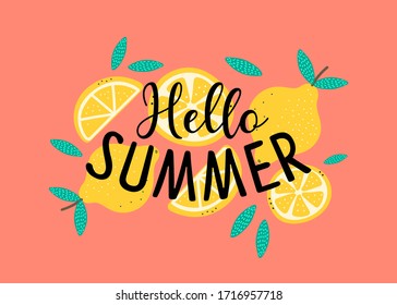 Hello Summer hand sketched logotype, badge typography icon. Lettering summer season with fruits for greeting card, invitation template, Retro, vintage lettering banner poster, postcard template.