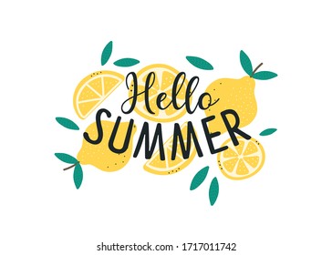 Hallo Sommer Hand skizzierte Logotype, Badge Typografie Symbol. Die Sommersaison mit Früchten für die Grußkarte, Einladungsvorlage, Retro, Vintage-Schriftzeichen-Plakat, Postkartenvorlage.