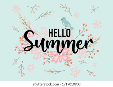 Hello Summer hand sketched logotype, badge typography icon. Lettering summer season with fruits for greeting card, invitation template, Retro, vintage lettering banner poster, postcard template.