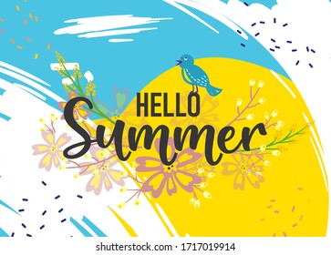 Hello Summer hand sketched logotype, badge typography icon. Lettering summer season with fruits for greeting card, invitation template, Retro, vintage lettering banner poster, postcard template.