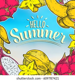 Hello Summer hand sketched logotype, badge typography icon. Lettering summer season with fruits for greeting card, invitation template. Retro, vintage lettering banner poster template background