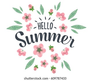 Hello Summer hand sketched logotype, badge typography icon. Lettering summer season with flowers for greeting card, invitation template. Retro, vintage lettering banner poster template background