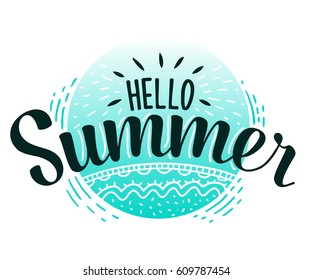 Hello Summer hand sketched logotype, badge typography icon. Lettering summer season sea doodle for greeting card, invitation template. Retro, vintage lettering banner poster template background
