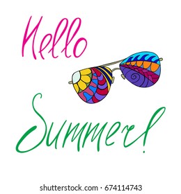 Hello Summer! Hand write lettering with sunglasses in zentangle style. Text isolated on white background. Vector illustration.